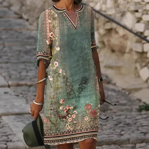 Women Casual V-Neck Short Sleeve Midi Dress Vintage Floral Print Summer Boho Beach Vacation Loose Polyester Sun Dress