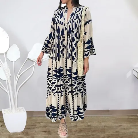 Women Plus Size Bohemian Geometric Printed Maxi Dress Elegant V Neck Long Sleeve Shirt Dress A-Line Tiered Holiday Long Dress