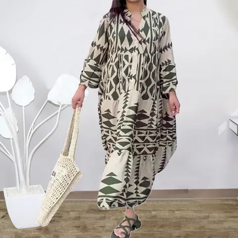 Women Plus Size Bohemian Geometric Printed Maxi Dress Elegant V Neck Long Sleeve Shirt Dress A-Line Tiered Holiday Long Dress