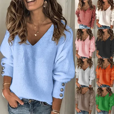 Suéter de Punto Casual para Mujer con Cuello en V y Manga Larga Top de Punto Suelto de Color Sólido Con Botones Decorativos en los Puños
