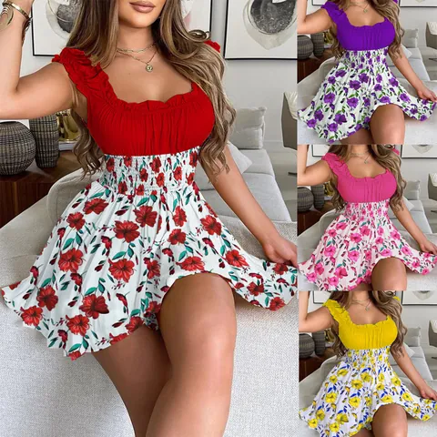 Women's Summer Elegant Polyester Floral Print Midi Dress U-Neck Sleeveless Ruffle Smocked Waist A-Line Large Hem Top And Bottom
