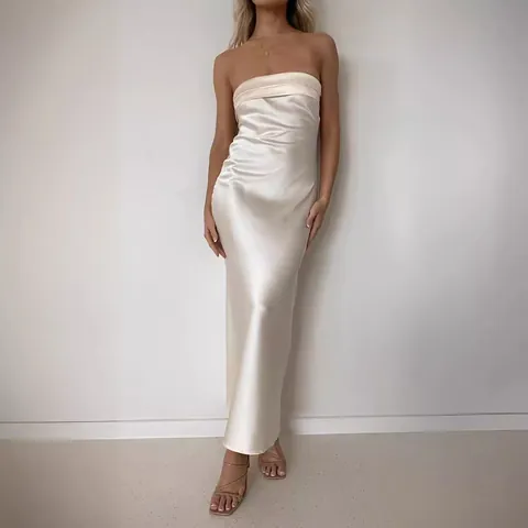 Women Elegant Satin Backless Strapless Maxi Dress Sexy Floral Print Slim Fit Party Evening Long Top And Bottom Dress