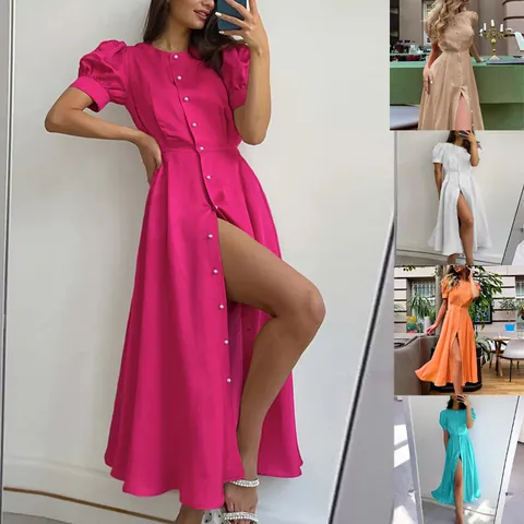 Women Summer Short Puff Sleeve Button Front Slit Midi Dress Elegant High Waist Solid Color Polyester Casual Party Dress