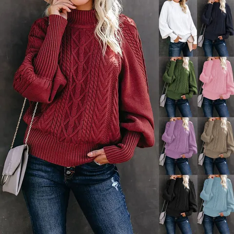 Women's Winter Casual Cable Knit Sweater Round Neck Lantern Sleeve Loose Fit Pullover Top Soft Warm Acrylic Knitwear