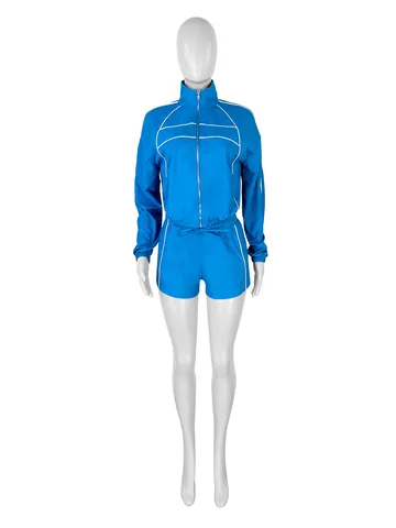 Damen Sportlich Top Und Bottom Nylon Schlankmachend Kontrastbesatz Stehkragen Reißverschlussjacke Und Elastische Shorts Trainingsanzug