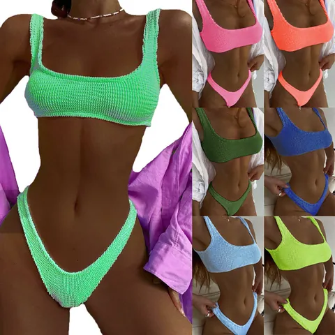 Bikini Arrugado Fruncido para Mujer Parte Superior e Inferior Corte Alto Bañador de Triángulo Color Macaron Neón Playa