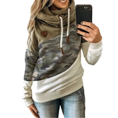 Women Casual Color-block Cowl Neck Sweatshirt Long Sleeve Patchwork Hoodie Loose Fit Fleece Hooded Pullover Top For Autumn Winter