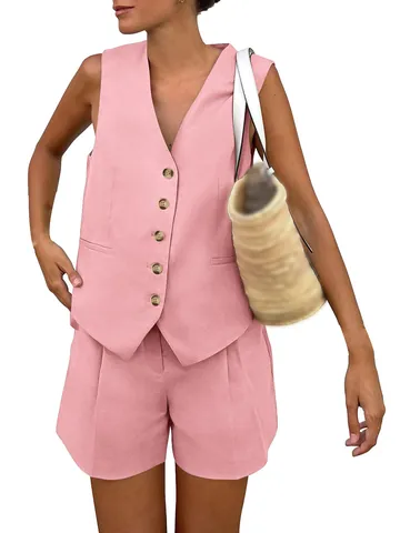 Completo Donna Casual Due Pezzi Top And Bottom Scollo a V Monopetto Gilet Senza Maniche e Pantaloncini in Poliestere