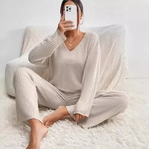 Set Casual da Donna a Costine Spazzolato Scollo a V Manica Lunga Top And Bottom Abbigliamento da Casa Largo Autunno Inverno Tinta Unita