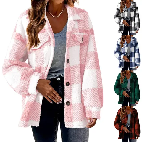Γυναικείο Καρό Πολυεστερικό Sherpa Fleece Τζάκετ Μακρυμάνικο Παλτό Με Κουμπιά Και Τσέπες Casual Φανελένια Μπλούζα Φθινόπωρο Χειμώνα