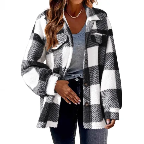 Women Plaid Sherpa Fleece Jacket Autumn Winter Warm Lapel Pocket Button Casual Streetwear Outerwear Top