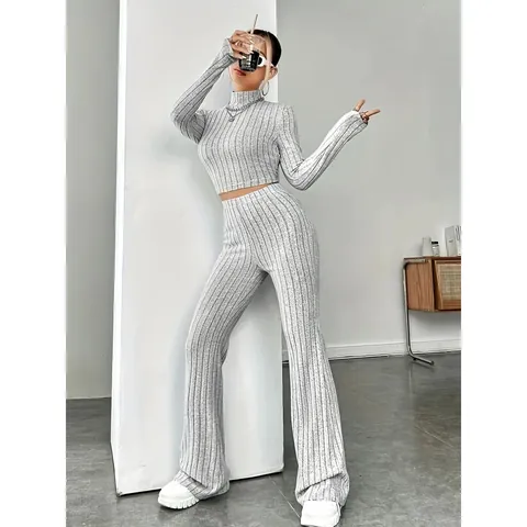 Women Slim Fit Ribbed Knitted Top And Bottom Solid Color High Neck Long Sleeve Crop Top Wide Leg Pants Casual Lounge Outfit