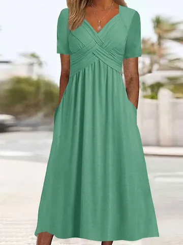 Women Elegant V Neck Short Sleeve Solid Color Midi Dress Summer High Waist Big Swing Pleated Polyester Pullover Daily Casual Swing Dress