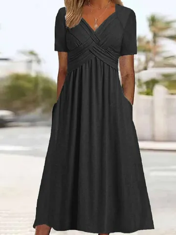 Women Elegant V Neck Short Sleeve Solid Color Midi Dress Summer High Waist Big Swing Pleated Polyester Pullover Daily Casual Swing Dress