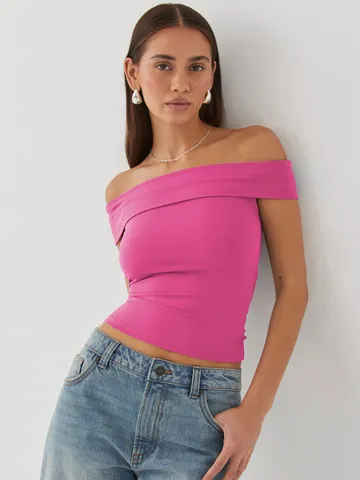 Women Sexy Off The Shoulder T-Shirt Bardot Short Sleeve Top Summer Solid Slim Fit Spliced Polyester Tee Hot Pink White