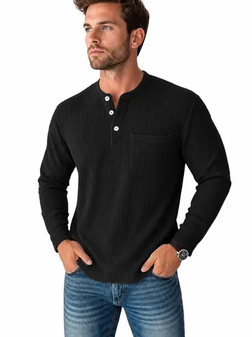 Men Long Sleeve Waffle Knit Henley Shirt Fashion Casual Three Button Placket Polo Top With Chest Pocket Soft Breathable Spring Autumn Pullover