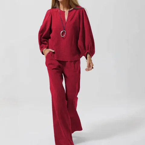 Conjunto de Dos Piezas Casual para Mujer de Algodón y Lino con Cuello en V Manga Larga Top y Pantalón Recto Holgado