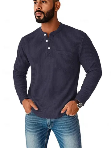 Men Long Sleeve Waffle Knit Henley Shirt Fashion Casual Three Button Placket Polo Top With Chest Pocket Soft Breathable Spring Autumn Pullover