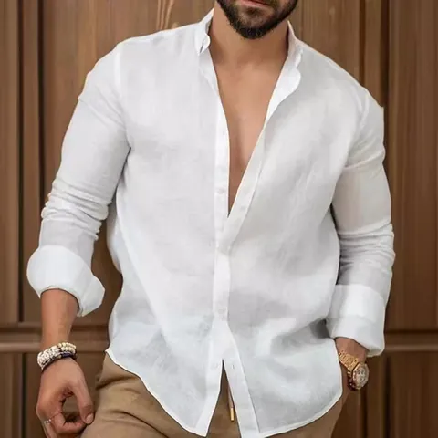 Herren Casual Baumwollmischung Langarmhemd Einfarbig Umlegekragen Knopfleiste Mode Freizeit Atmungsaktives Top Für Herren