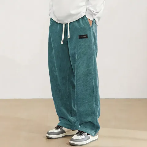 Pantaloni Casual da Uomo in Velluto a Coste Autunno Dritto Ampio Elastico in Vita Con Coulisse Tinta Unita Pantaloni Smart Casual Con Patch Logo