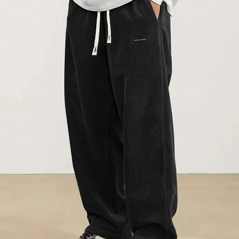 Pantaloni Casual da Uomo in Velluto a Coste Autunno Dritto Ampio Elastico in Vita Con Coulisse Tinta Unita Pantaloni Smart Casual Con Patch Logo