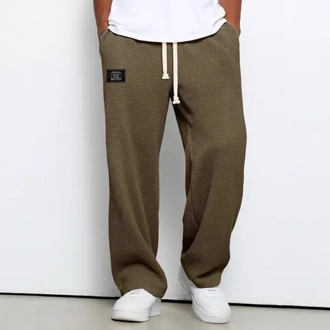Men Waffle Knit Sweatpants Loose Fit Drape Straight Leg Wide Leg Bottom Drawstring Casual Sports Jogger Trousers For Spring Autumn