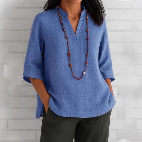 Women's Casual Cotton Blend Blouse V-Neck 3/4 Sleeve Loose Fit Linen Textured Shirt Solid Color Side Slit Summer Top