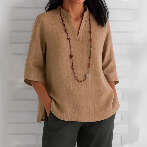 Women's Casual Cotton Blend Blouse V-Neck 3/4 Sleeve Loose Fit Linen Textured Shirt Solid Color Side Slit Summer Top