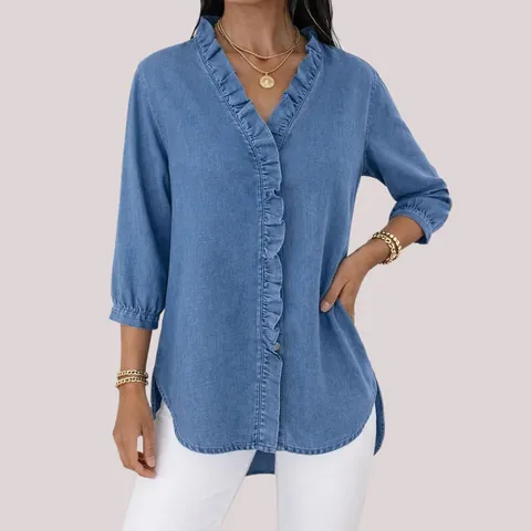Camicia da Donna Casual in Poliestere con Scollo a V e Volant Top a Maniche a Tre Quarti Effetto Denim Blusa Commuter