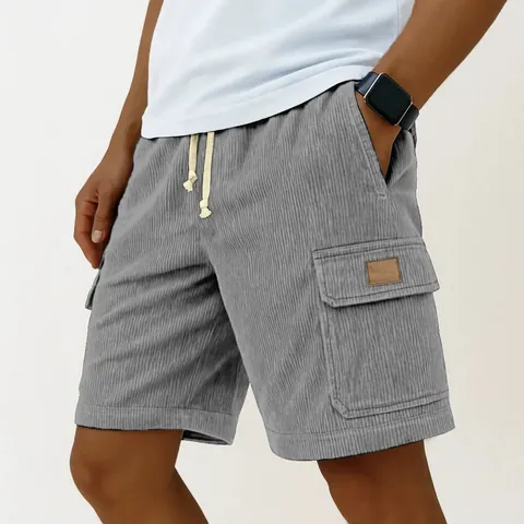 Men's Corduroy Cargo Shorts Vintage Striped Loose Fit Multi Pockets Drawstring Elastic Waist Workwear Casual Bottoms