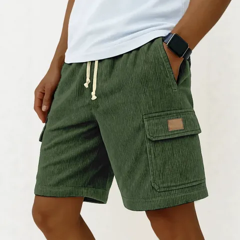 Men's Corduroy Cargo Shorts Vintage Striped Loose Fit Multi Pockets Drawstring Elastic Waist Workwear Casual Bottoms