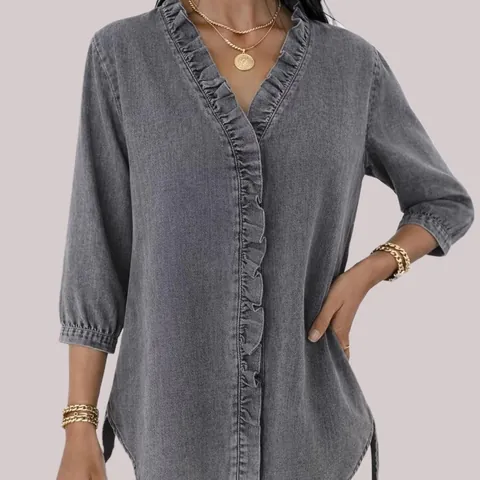 Camicia da Donna Casual in Poliestere con Scollo a V e Volant Top a Maniche a Tre Quarti Effetto Denim Blusa Commuter