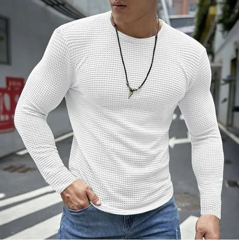 T-Shirt da Uomo Slim Fit in Maglia a Nido d'Ape Manica Lunga Girocollo Casual Poliestere Base Layer Pullover Top per Ogni Stagione
