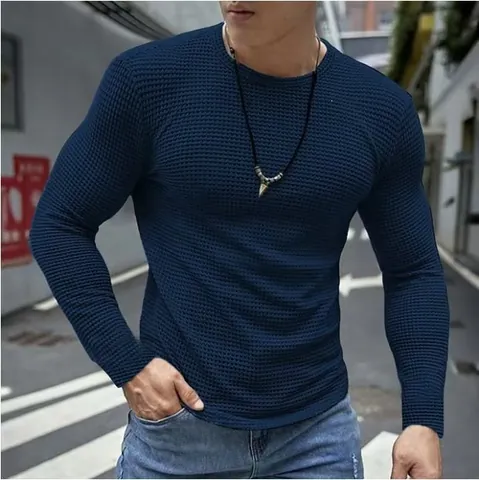 T-Shirt da Uomo Slim Fit in Maglia a Nido d'Ape Manica Lunga Girocollo Casual Poliestere Base Layer Pullover Top per Ogni Stagione