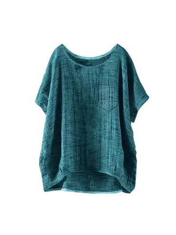 Women Casual Loose Cotton Linen Short Sleeve Round Neck Pocket Solid Color Boho Summer Top T-Shirt