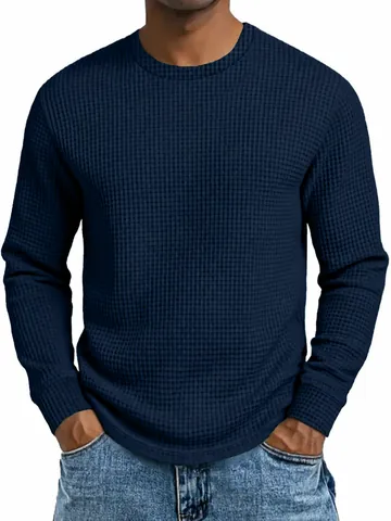 Men Casual Waffle Knit Sweatshirt Long Sleeve Crew Neck Slim Fit Pullover Top Basic Autumn Layering Undershirt For Young Men