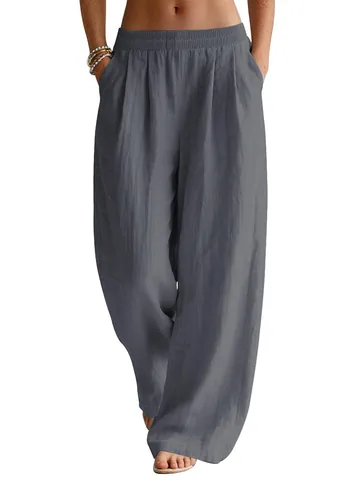 Women Casual Cotton Linen Wide Leg Pants Summer Flowy Beach Trousers Elastic Waist Travel Vacation Pants With Pockets