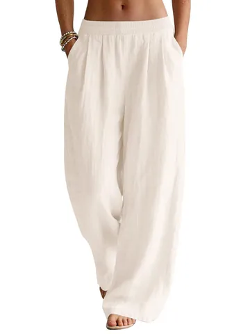 Women Casual Cotton Linen Wide Leg Pants Summer Flowy Beach Trousers Elastic Waist Travel Vacation Pants With Pockets