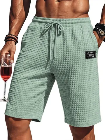 Men Waffle Knit Casual Shorts Loose Fit Drawstring Waist Sporty Beach Pants Summer Breathable Bottoms