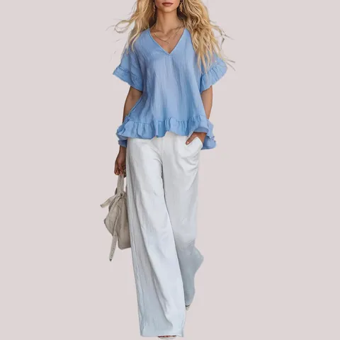 Chemisier Élégant pour Femmes en Rayonne Lin Col en V Volants Décontracté Manches Courtes Top Plissé Chemise Respirante