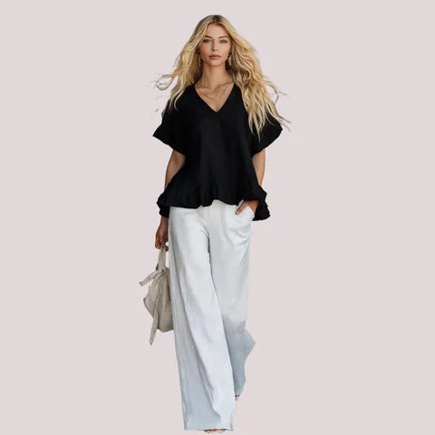 Chemisier Élégant pour Femmes en Rayonne Lin Col en V Volants Décontracté Manches Courtes Top Plissé Chemise Respirante