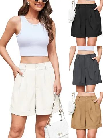 Pantalones Cortos Casuales de Cintura Alta y Pierna Ancha para Mujer Cómodos Elegantes para Oficina Negocios Verano Plisados con Dobladillo