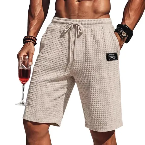 Men Casual Waffle Fabric Shorts Summer Breathable Solid Color Drawstring Waist Beach Shorts Fashion Straight Leg Bottom