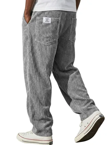 Men American Retro Corduroy Casual Pants Loose Straight Fit Vertical Stripes Drawstring Waist Streetwear Fashion Polyester Trousers