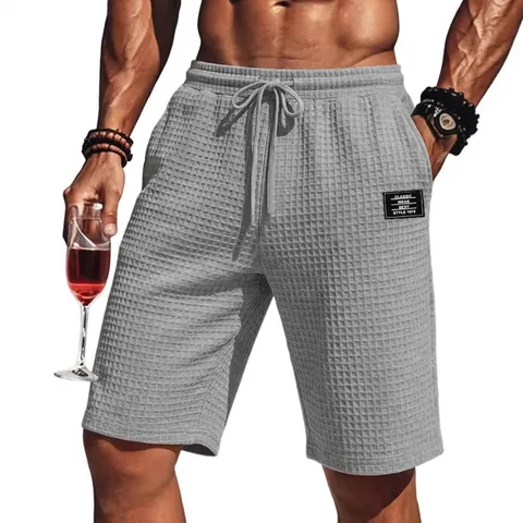 Men Casual Waffle Fabric Shorts Summer Breathable Solid Color Drawstring Waist Beach Shorts Fashion Straight Leg Bottom