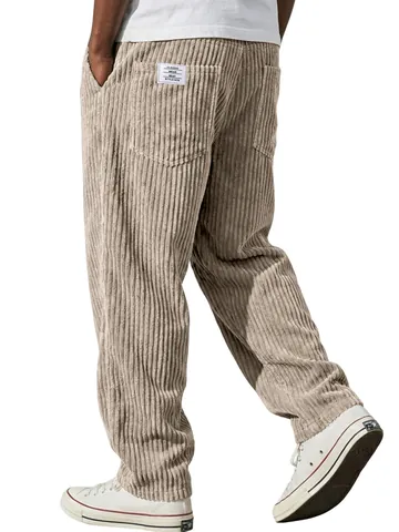 Men American Retro Corduroy Casual Pants Loose Straight Fit Vertical Stripes Drawstring Waist Streetwear Fashion Polyester Trousers