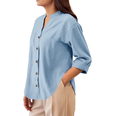 Chemisier Femme Nouveau Style Chinois Col Montant Coton Lin Ample Manches Longues Couleur Unie Décontracté