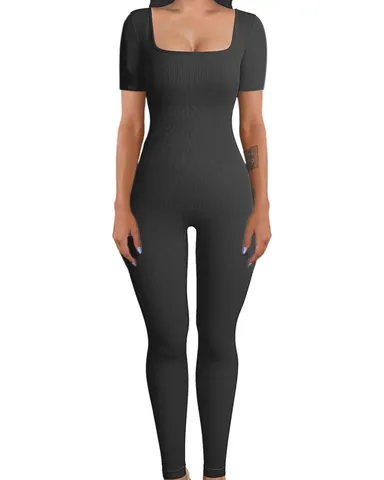 Women's Ribbed Square Neck Jumpsuit Short Sleeve Slim Fit Bodycon Romper Long Pants Set Casual Stretchy Yoga One Piece Outfits