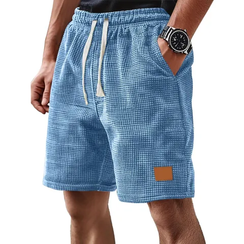 Pantalones Cortos Casuales Gingham Gofre para Hombre Transpirables con Cordón en la Cintura para Verano con Parche de Cuero