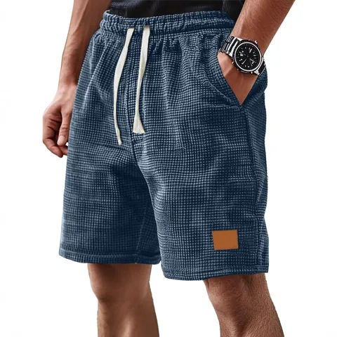 Pantalones Cortos Casuales Gingham Gofre para Hombre Transpirables con Cordón en la Cintura para Verano con Parche de Cuero
